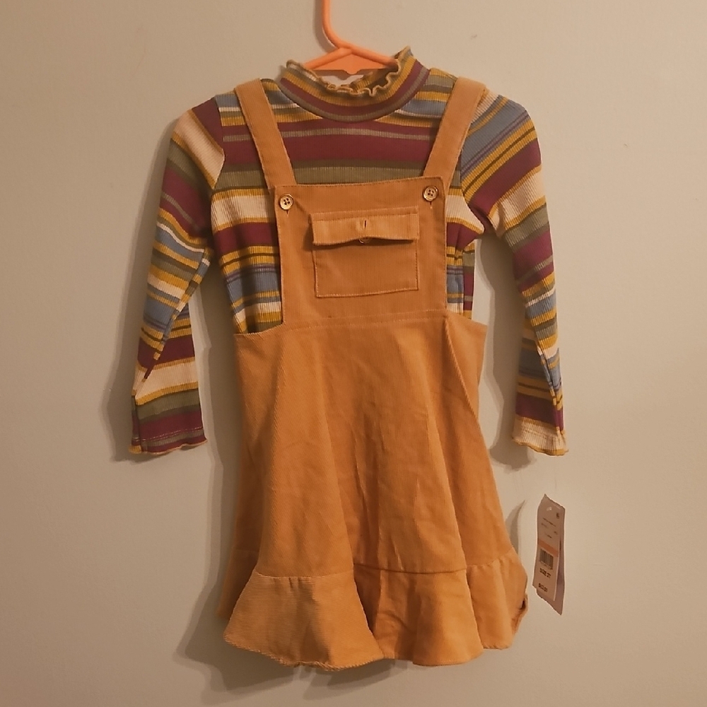 Bonnie Jean Tan Overall Dress with Striped Top